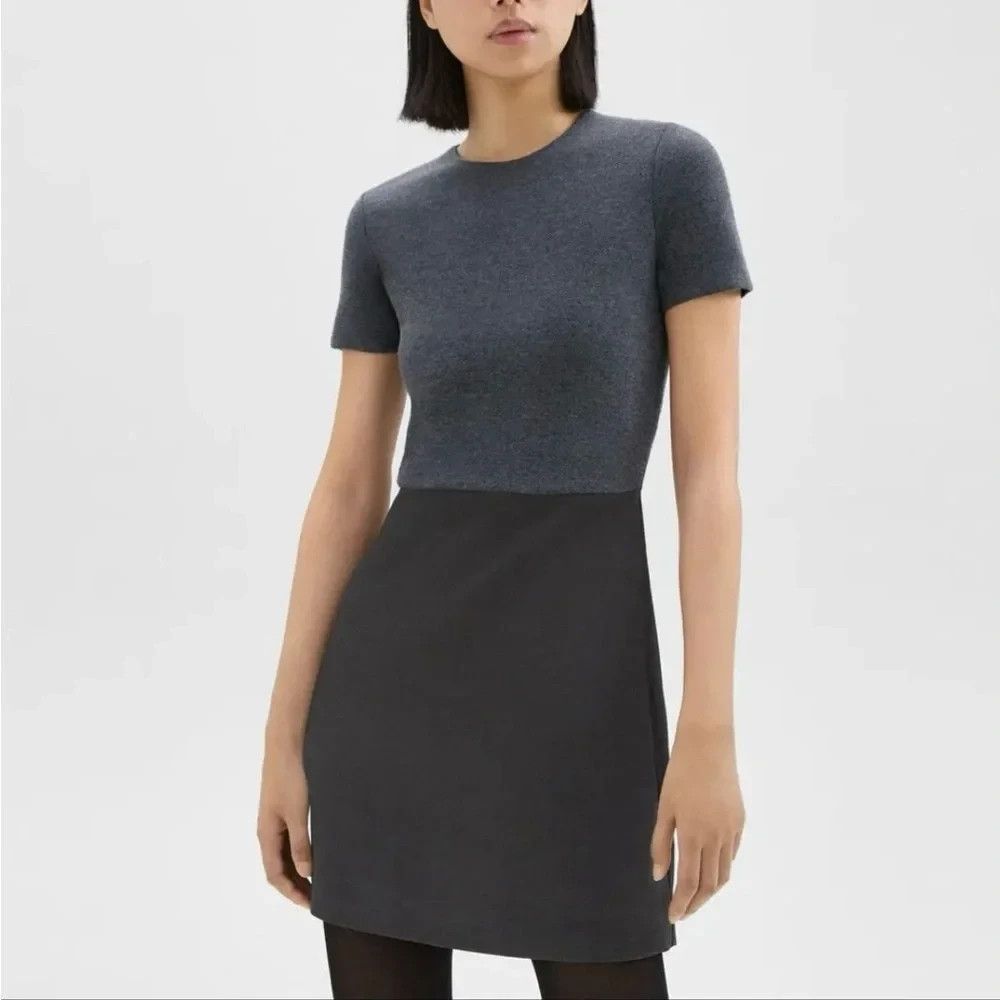 NWT Theory Short-Sleeve Combo Mini Dress Charcoal Melange sz L Stretch Wool NEW